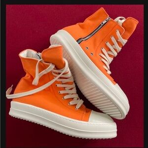Rick Owens Orange and White High-Top Sneakers